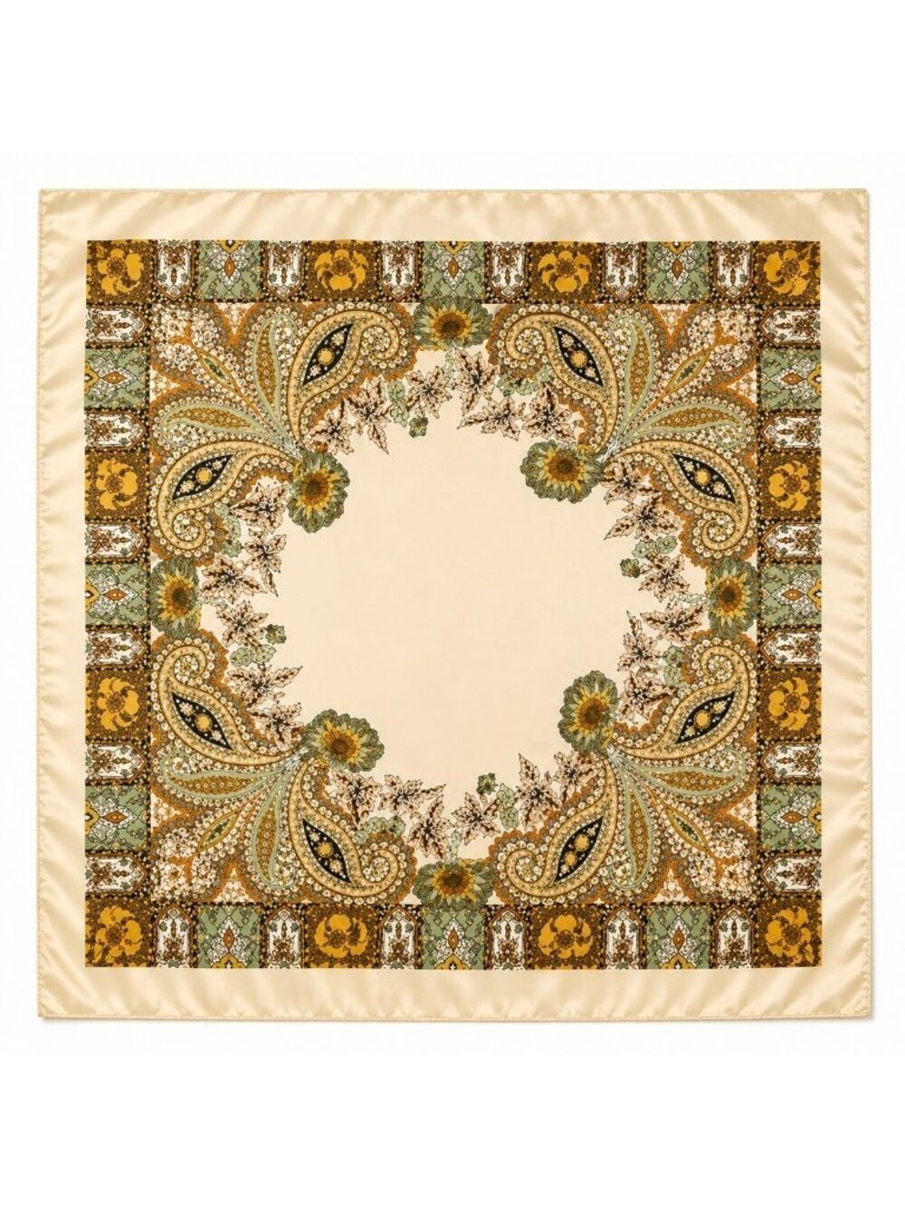 Luxury Paisley Floral Satin Scarf for Women – 35” Square Cream Gold Sage Green